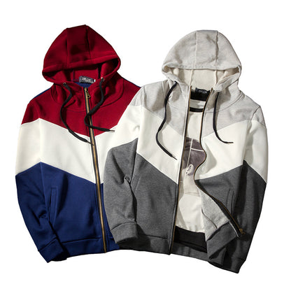 Men's Zipper Hooded Tricolor Stitched Coat Sweaters