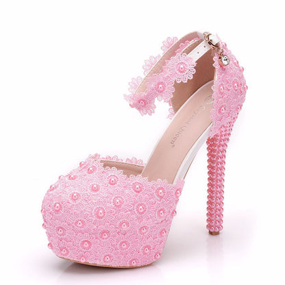 Women Lace Pearls Stiletto Heel Bridal Wedding Platform Sandals