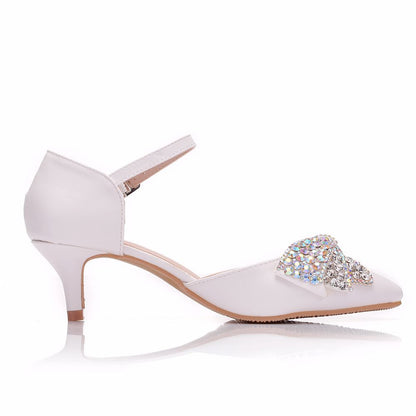 Women Bow Tie Rhinestone Pointed Toe Mary Janes Wedding Sandals