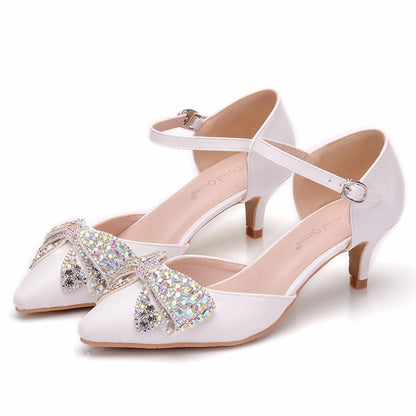 Women Bow Tie Rhinestone Pointed Toe Mary Janes Wedding Sandals