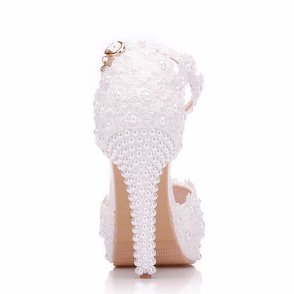 Women Pearls Stiletto Heel Peep Toe Platform Bridal Wedding Platform Sandals