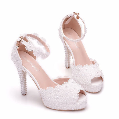 Women Pearls Stiletto Heel Peep Toe Platform Bridal Wedding Platform Sandals