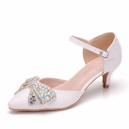 Women Bow Tie Rhinestone Pointed Toe Mary Janes Wedding Sandals