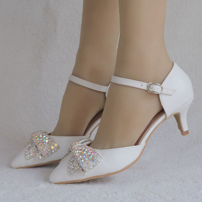 Women Bow Tie Rhinestone Pointed Toe Mary Janes Wedding Sandals