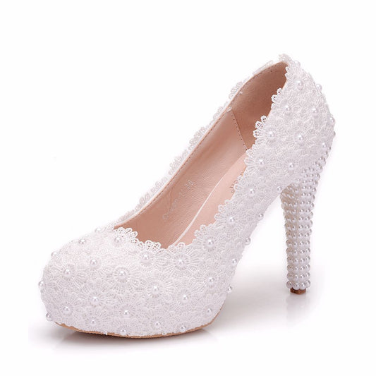 Women Round Toe Lace Pearls Platform Pumps Stiletto Heel Bridal Wedding Shoes