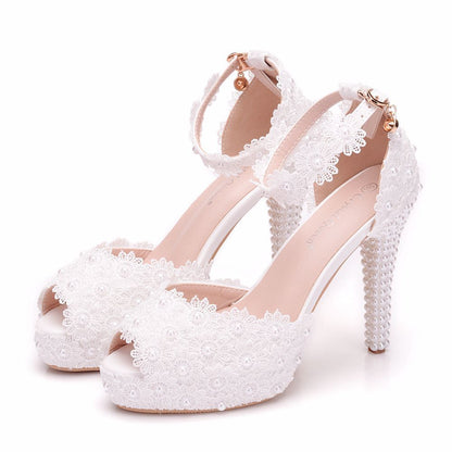 Women Pearls Stiletto Heel Peep Toe Platform Bridal Wedding Platform Sandals