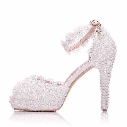 Women Pearls Stiletto Heel Peep Toe Platform Bridal Wedding Platform Sandals