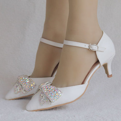 Women Bow Tie Rhinestone Pointed Toe Mary Janes Wedding Sandals