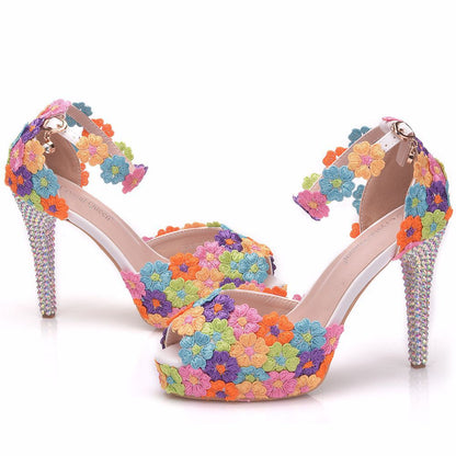 Women Rhinestone Lace Peep Toe Stiletto Heel Bridal Wedding Platform Sandals