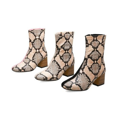 Pointed Toe Snkale-print Women High Heels Short Boots