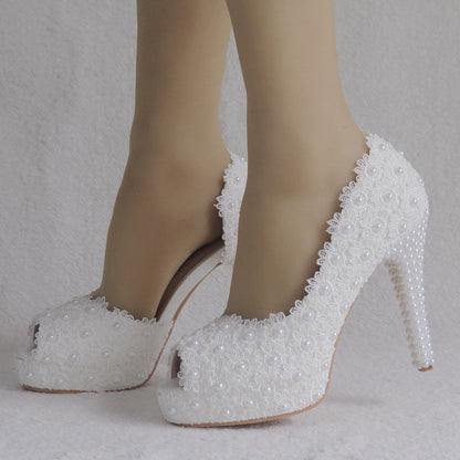 Women Pearls Lace Stiletto Heel Peep Toe Bridal Wedding D'Orsay Platform Sandals