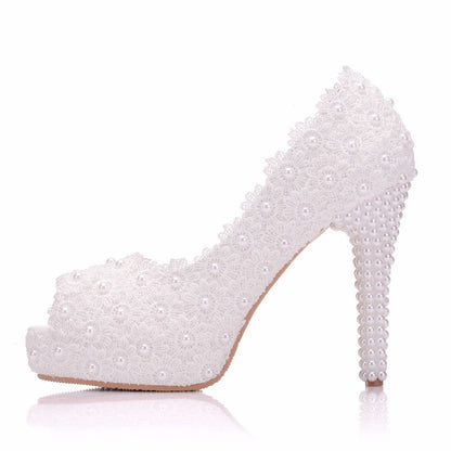 Women Pearls Lace Stiletto Heel Peep Toe Bridal Wedding D'Orsay Platform Sandals