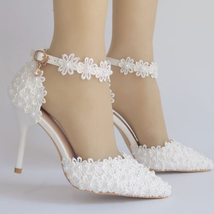 Women Lace Flora Ankle Strap Stiletto Heel Pointed Toe Bridal Wedding Shoes Sandals