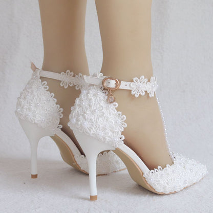 Women Lace Flora Ankle Strap Stiletto Heel Pointed Toe Bridal Wedding Shoes Sandals