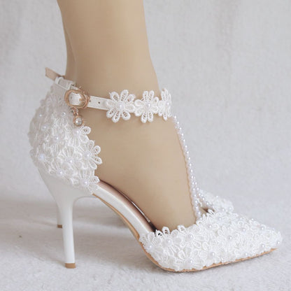 Women Lace Flora Ankle Strap Stiletto Heel Pointed Toe Bridal Wedding Shoes Sandals