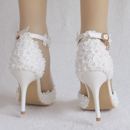 Women Lace Flora Ankle Strap Stiletto Heel Pointed Toe Bridal Wedding Shoes Sandals