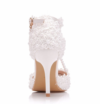 Women Lace Flora Ankle Strap Stiletto Heel Pointed Toe Bridal Wedding Shoes Sandals