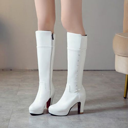 Women Chunky High Heels Knee High Boots