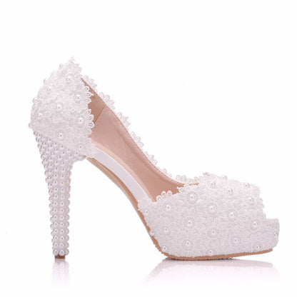 Women Pearls Lace Stiletto Heel Peep Toe Bridal Wedding D'Orsay Platform Sandals