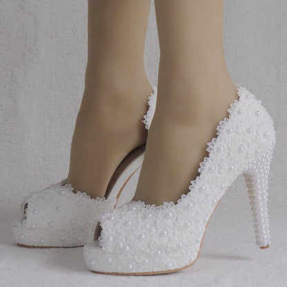 Women Pearls Lace Stiletto Heel Peep Toe Bridal Wedding D'Orsay Platform Sandals