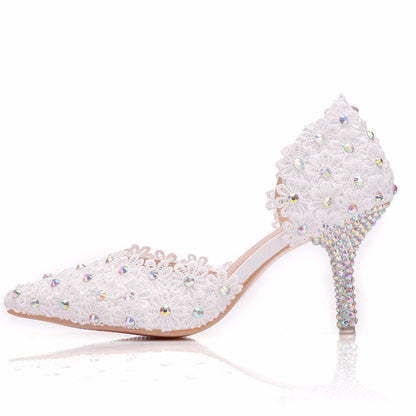 Women Rhinestone Lace Wedding Pointed Toe Stiletto Heel Sandals