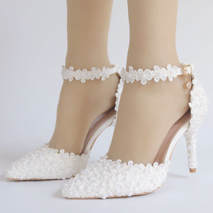 Women Lace Pearls Flora Ankle Strap Bridal Wedding Shoes Stiletto Heel Pointed Toe Sandals