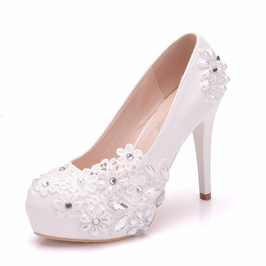 Women Round Toe Lace Flora Pearls Rhinestone Stiletto Heel Platform Pumps Bridal Wedding Shoes