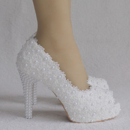 Women Pearls Lace Stiletto Heel Peep Toe Bridal Wedding D'Orsay Platform Sandals