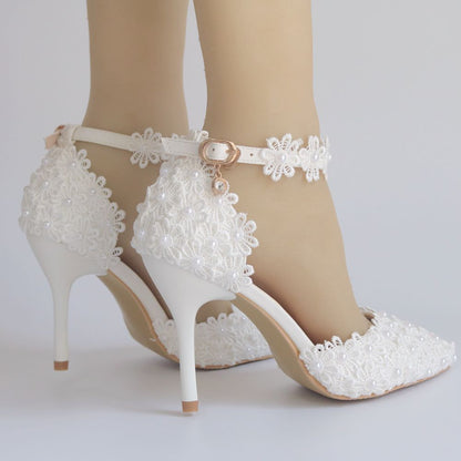 Women Lace Flora Ankle Strap Stiletto Heel Pointed Toe Bridal Wedding Shoes Sandals