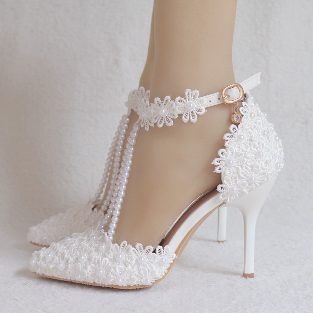 Women Lace Flora Ankle Strap Stiletto Heel Pointed Toe Bridal Wedding Shoes Sandals