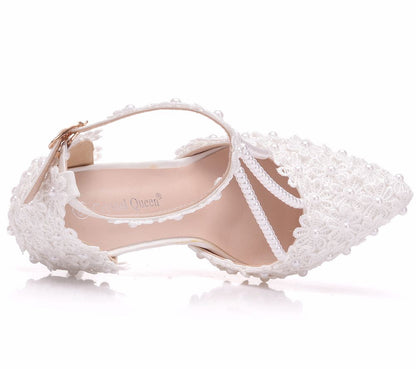 Women Lace Flora Ankle Strap Stiletto Heel Pointed Toe Bridal Wedding Shoes Sandals