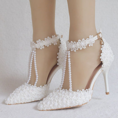 Women Lace Flora Ankle Strap Stiletto Heel Pointed Toe Bridal Wedding Shoes Sandals