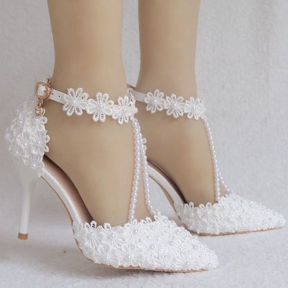 Women Lace Flora Ankle Strap Stiletto Heel Pointed Toe Bridal Wedding Shoes Sandals