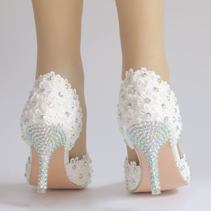 Women Rhinestone Lace Wedding Pointed Toe Stiletto Heel Sandals