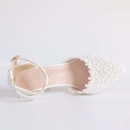 Women Lace Pearls Flora Ankle Strap Bridal Wedding Shoes Stiletto Heel Pointed Toe Sandals