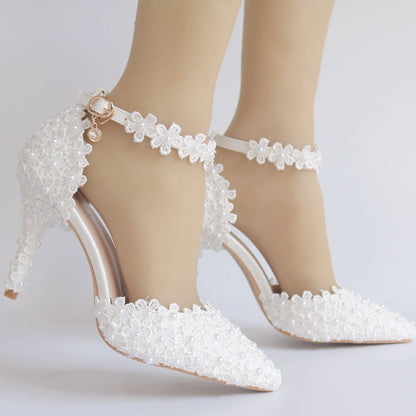 Women Lace Pearls Flora Ankle Strap Bridal Wedding Shoes Stiletto Heel Pointed Toe Sandals