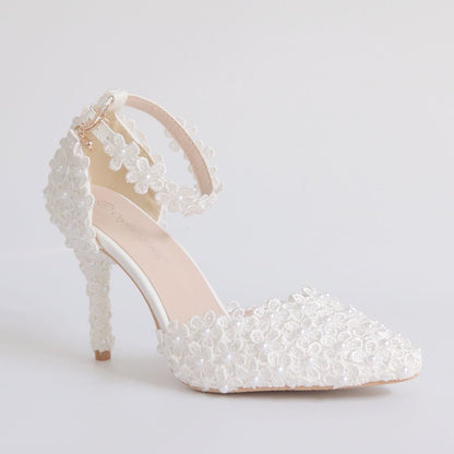 Women Lace Pearls Flora Ankle Strap Bridal Wedding Shoes Stiletto Heel Pointed Toe Sandals