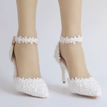 Women Lace Pearls Flora Ankle Strap Bridal Wedding Shoes Stiletto Heel Pointed Toe Sandals