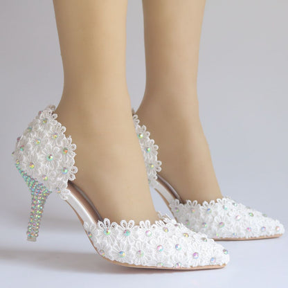 Women Rhinestone Lace Wedding Pointed Toe Stiletto Heel Sandals