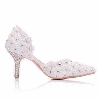 Women Rhinestone Lace Wedding Pointed Toe Stiletto Heel Sandals