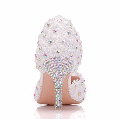 Women Rhinestone Lace Wedding Pointed Toe Stiletto Heel Sandals