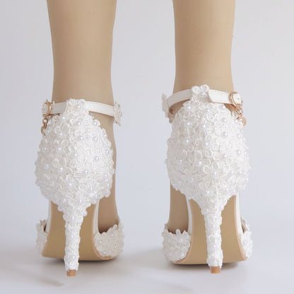 Women Lace Pearls Flora Ankle Strap Bridal Wedding Shoes Stiletto Heel Pointed Toe Sandals