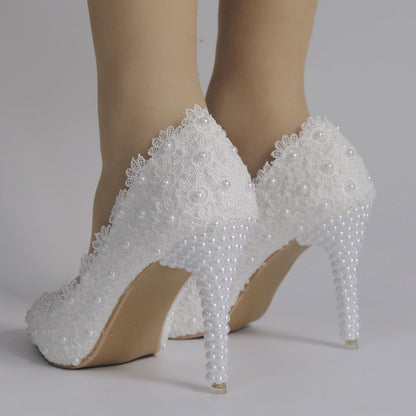 Women Pointed Toe Pearls Lace Stiletto Heel Pumps Wedding Shoes