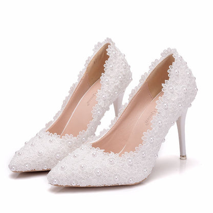 Women Pointed Toe Pearls Lace Stiletto Heel Pumps Wedding Shoes