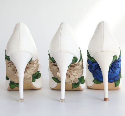 Women Pointed Toe Rhinestone Embroidery Flora Stiletto Heel Pumps Wedding Shoes