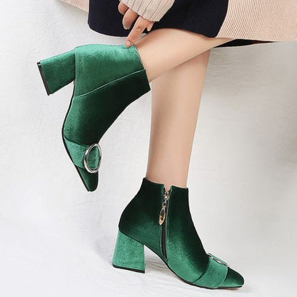 Square Toe Zipper Women High Heels Short Boots