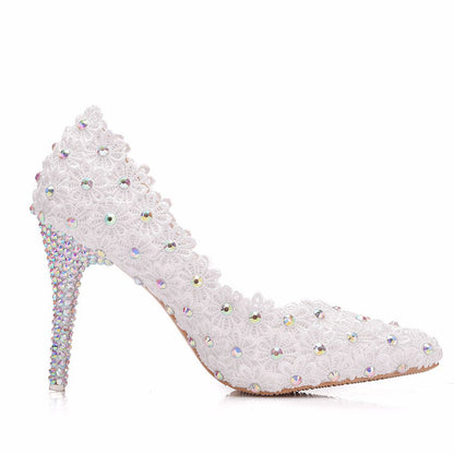 Women Rhinestone Lace Stiletto Heel Pumps Wedding Shoes