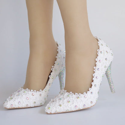 Women Rhinestone Lace Stiletto Heel Pumps Wedding Shoes