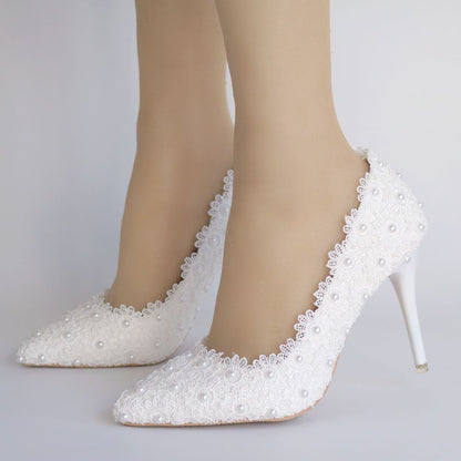 Women Pointed Toe Pearls Lace Stiletto Heel Pumps Wedding Shoes