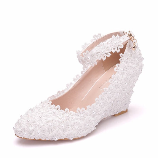 Pearls Lace Ankle Strap 8cm Wedge Heel Women Pumps Wedding Shoes